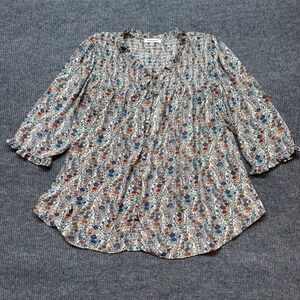 Rose + Olive Womens 2X Floral Smocked Blouse Blue Orange Ruffle Cuff Top Boho